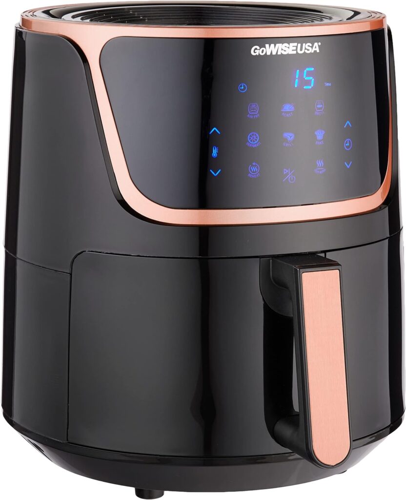GoWISE USA GW22955 7-Quart Electric Air Fryer with Dehydrator  3 Stackable Racks, Digital Touchscreen with 8 Functions + Recipes, 7.0-Qt, Black/Copper