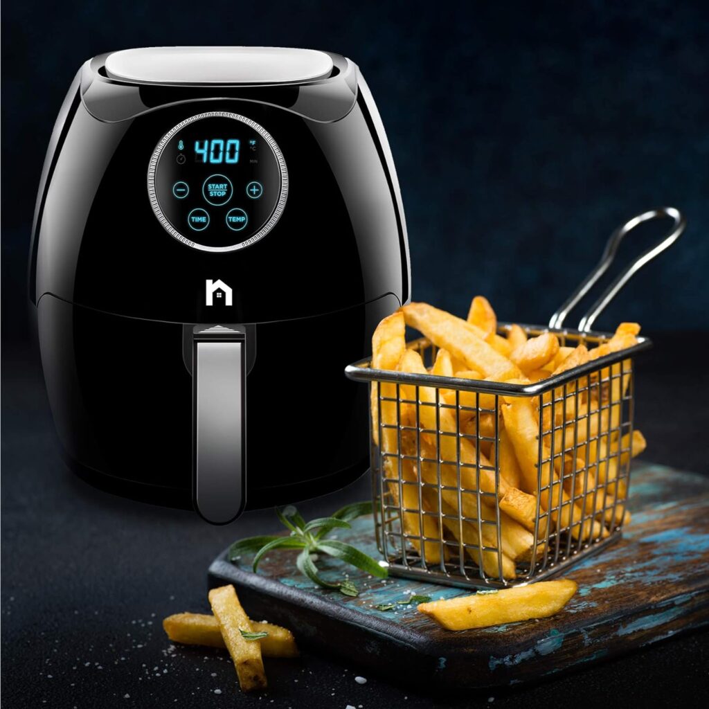 New House Kitchen Digital 6.8 Quart Air Fryer w/ Flat Basket, Oil-Free Touch Screen AirFryer, Dishwasher-Safe Parts, Fast Healthier Food, 60 Min Timer  Auto Shut Off, Extra Large Family Size, Black