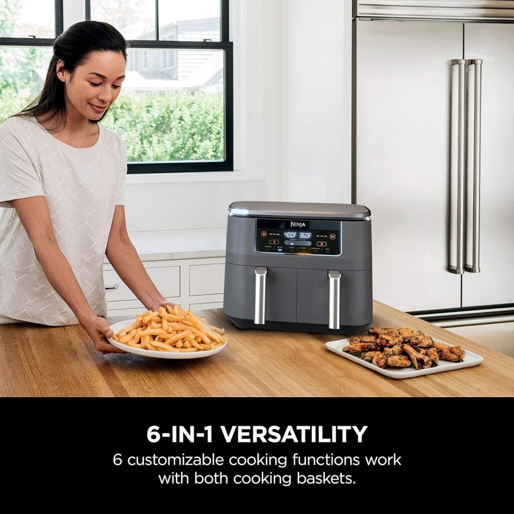 Ninja DZ201 Foodi 6-in-1 2-Basket Air Fryer with DualZone Technology, 8-Quart Capacity, and a Dark Grey Stainless Finish (Dark Grey Stainless) (Renewed)