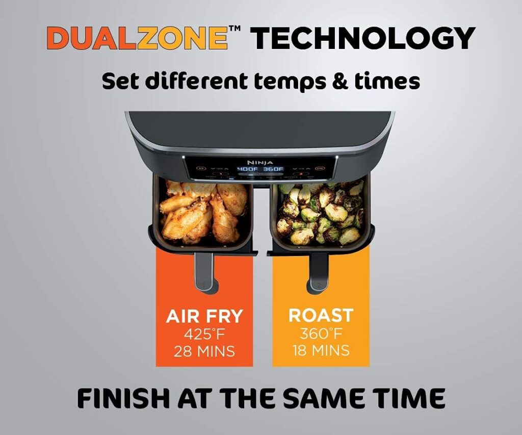 Ninja DZ201 Foodi 6-in-1 2-Basket Air Fryer with DualZone Technology, 8-Quart Capacity, and a Dark Grey Stainless Finish (Dark Grey Stainless) (Renewed)