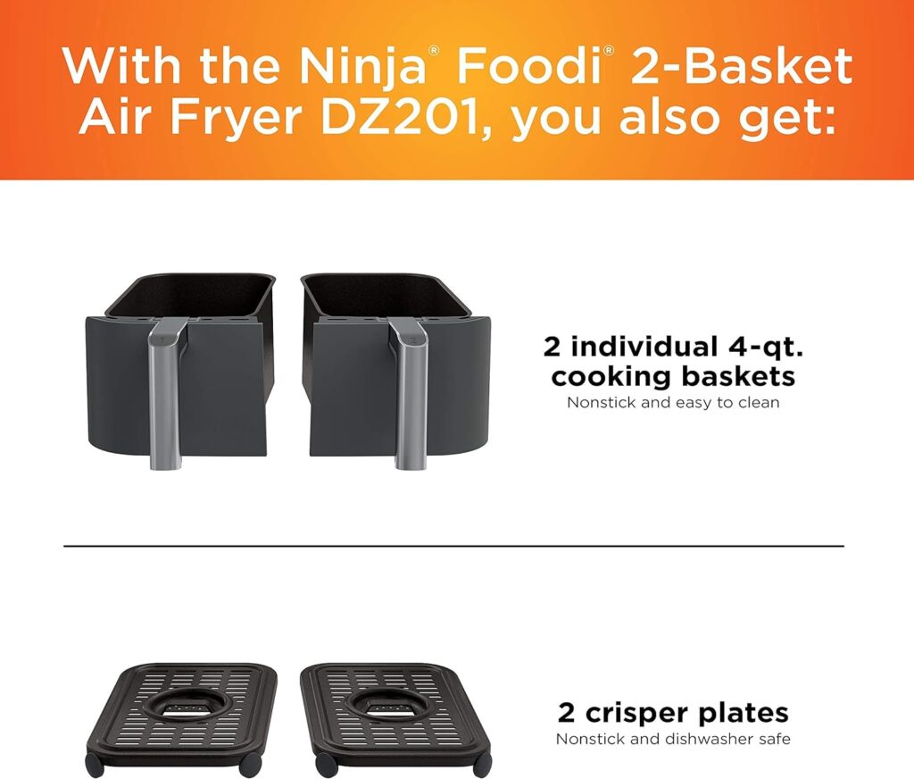 Ninja DZ201 Foodi 6-in-1 2-Basket Air Fryer with DualZone Technology, 8-Quart Capacity, and a Dark Grey Stainless Finish (Dark Grey Stainless) (Renewed)