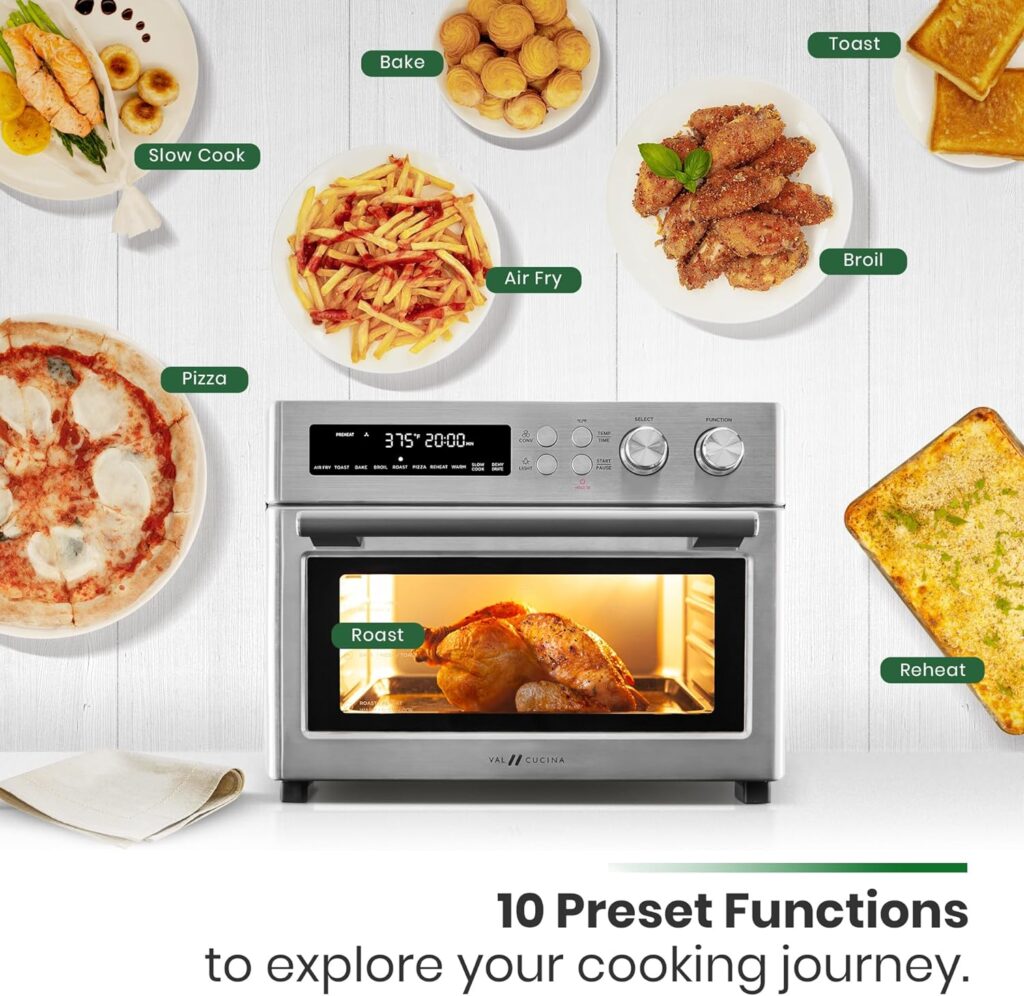 VAL CUCINA Infrared Heating Air Fryer Toaster Oven, Extra Large Countertop Convection Oven 10-in-1 Combo, 6-Slice Toast, Enamel Baking Pan Easy Clean with Recipe Book, Brushed Stainless Steel Finish