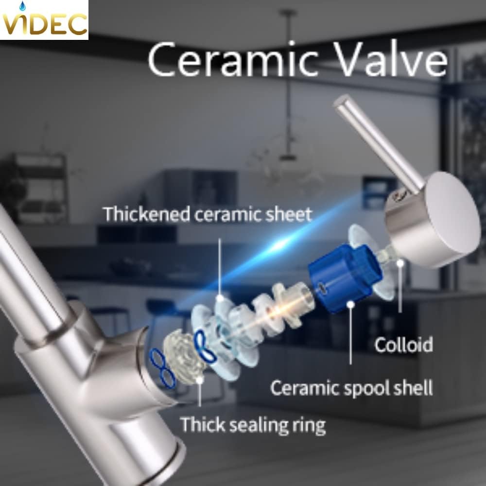 VIDEC Smart Kitchen Faucet, 3 Modes Pull Down Sprayer, LED Temperature Control, Ceramic Valve, 360-Degree Rotation, 1 or 3 Hole Deck Plate. (KW-05SN, Brushed Nickel, 21.04 Inches)