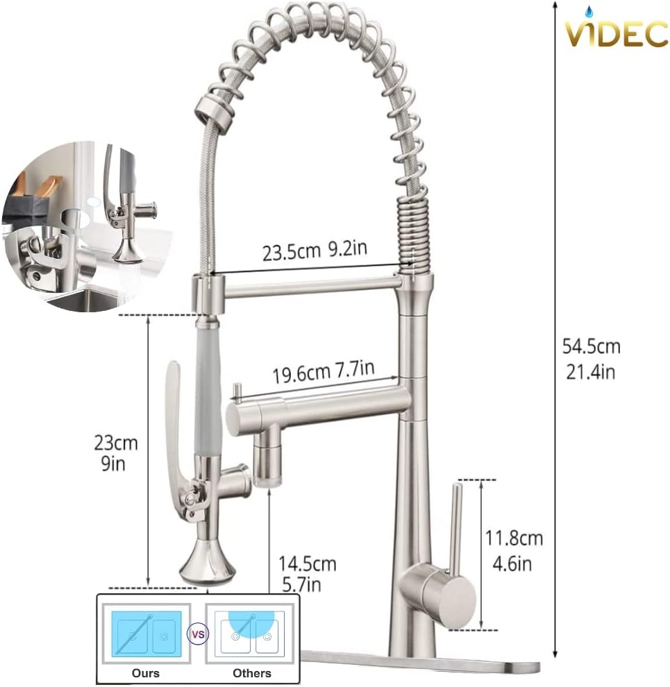 VIDEC Smart Kitchen Faucet, 3 Modes Pull Down Sprayer, LED Temperature Control, Ceramic Valve, 360-Degree Rotation, 1 or 3 Hole Deck Plate. (KW-05SN, Brushed Nickel, 21.04 Inches)