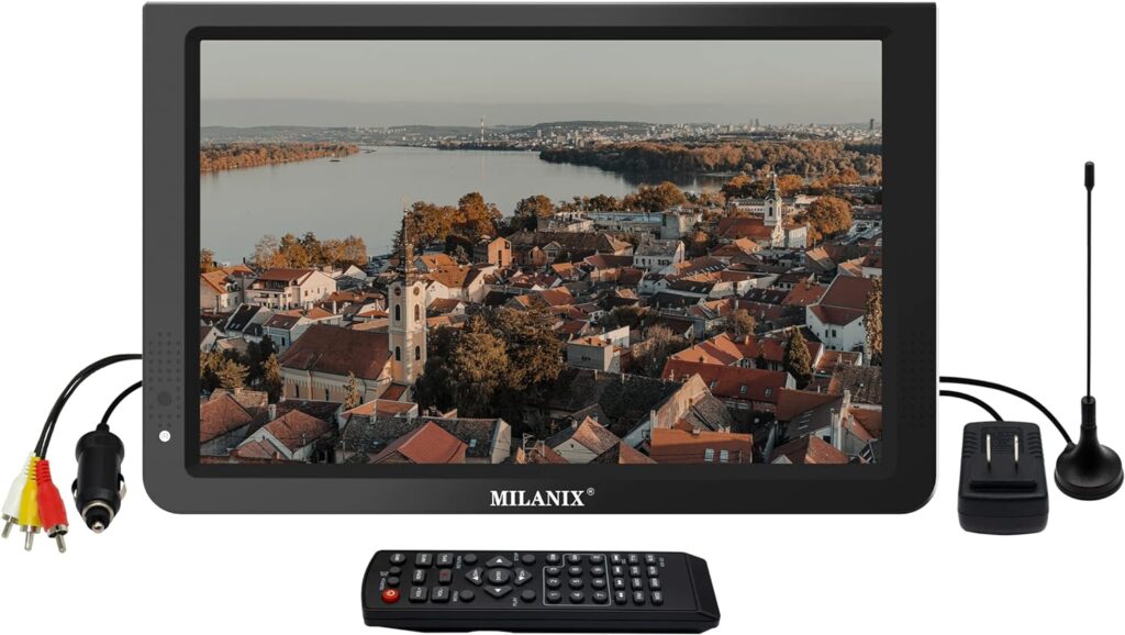 MILANIX 12.1 Portable Widescreen LED TV Rechargeable Battery Operated with HDMI, VGA, MMC, FM, USB/SD Card Slot, Built in Digital Tuner, AV Inputs, and Remote Control